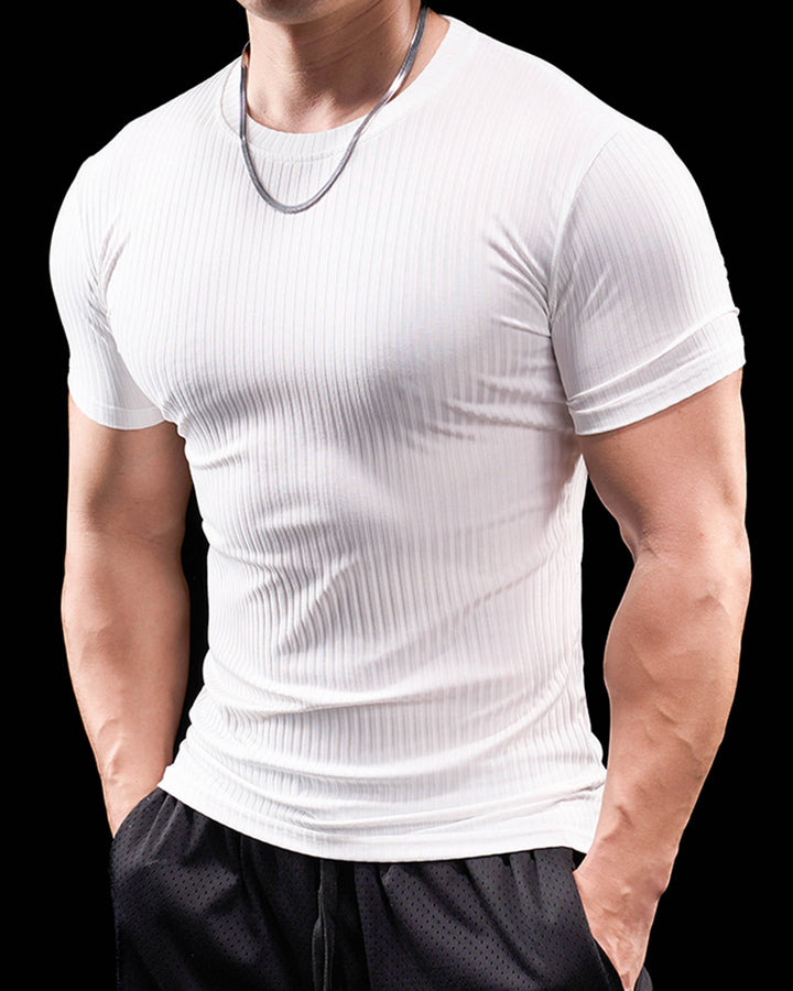 High Stretch Ribbed Stripe Crew Neck Tee New