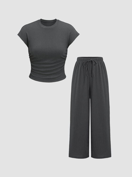 Textured Ruched Top & Pants Set - Ahaselected