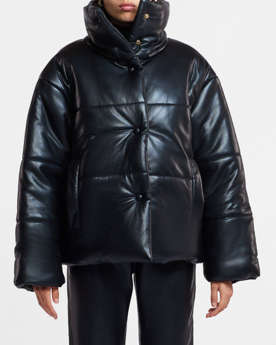 Vegan Leather Down Puffer Jacket - Ahaselected