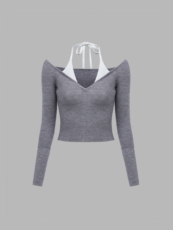 2 In 1 Crisscross Halter Neck Sweater - Ahaselected