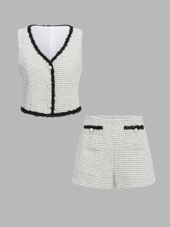 Colorblock Tweed Shorts Set - Ahaselected