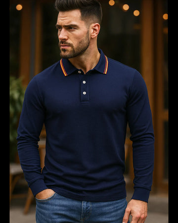Long Sleeve Polo Shirt with Stripe Collar
