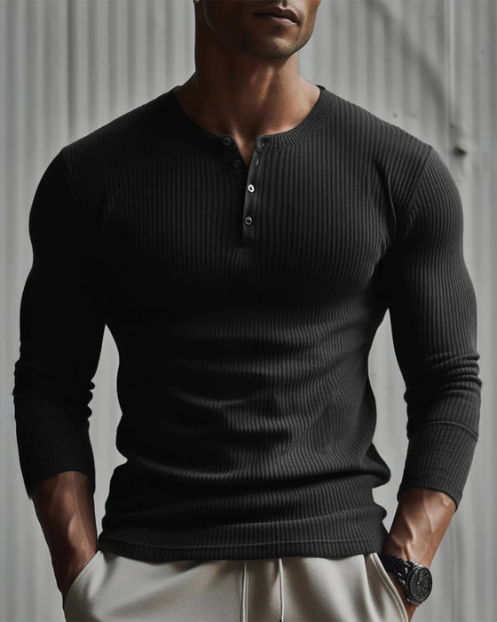 Rib Knit Curved Hem Long Sleeve Henley Shirt - Ahaselected