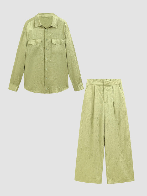 Textured Satin Patch Pocket Oversize Shirt & Wide Leg Pants 2 Pieces Set - Ahaselected