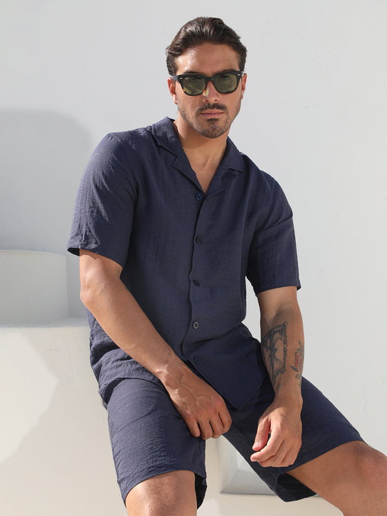 Set Linen Hawaiian Shirt +Shorts Navy - Ahaselected