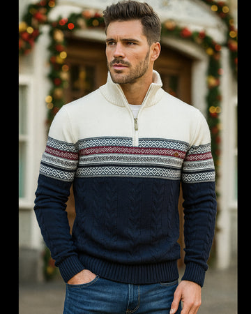 Nordic Pattern Stand Collar Half-Zip Knit Sweater