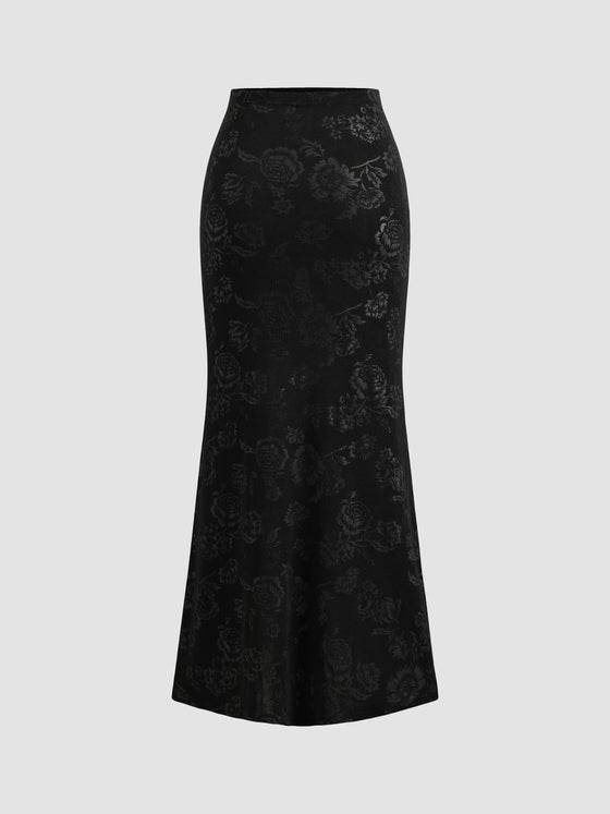 Knitted Floral Pattern Fishtail Long Skirt - Ahaselected