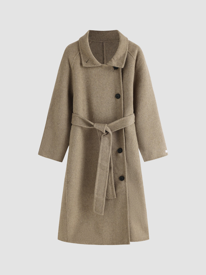 Tailored Collar Buttons Long Coat with Adjustable Belt