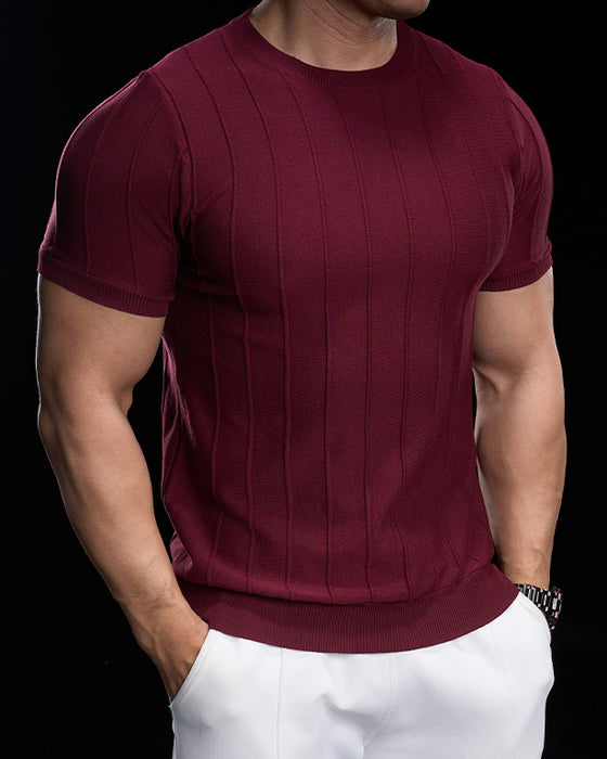 Ribbed Crew Neck Knit Tee Short Sleeves - Ahaselected