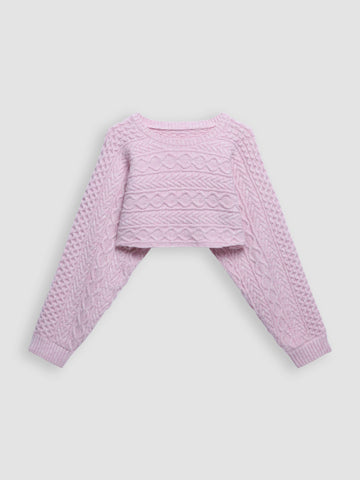 Cable Knit Cropped Loose Crewneck Long Sleeve Sweater