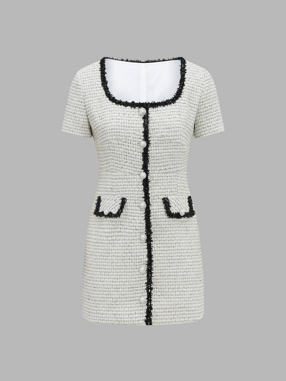 Colorblock Tweed Dress with Lace - Ahaselected