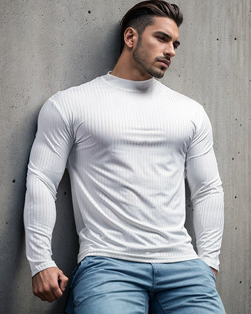 (Final Sale–No Return or Exchange)Stretch Rib Jersey Mockneck Long Sleeves Shirt New