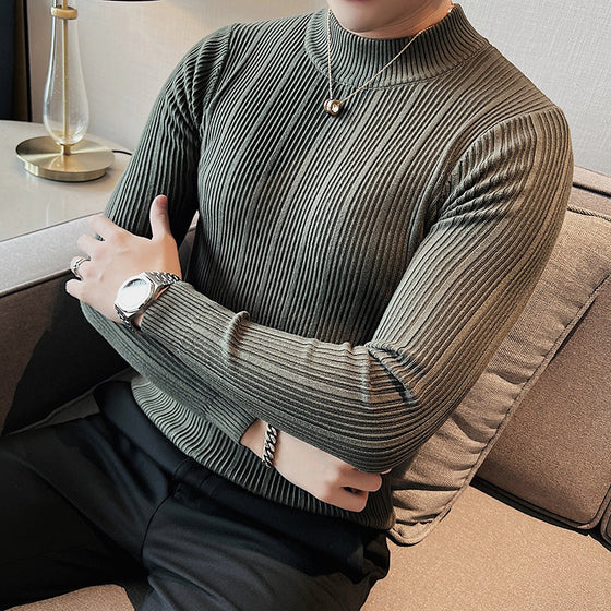Mock Neck Striped Stretch Sweater - Ahaselected