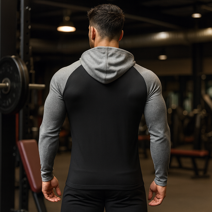 Maglia sportiva da uomo con cappuccio e maniche lunghe