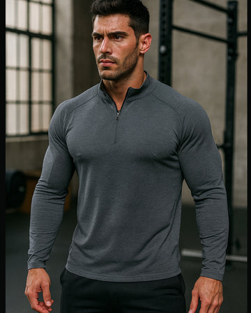 Maglia da allenamento da uomo a mezza zip con collo alto, maniche lunghe e asciugatura rapida