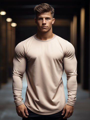 Camiseta de manga larga con cuello redondo y algodón de peso medio con dobladillo curvo Kore