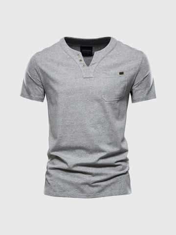 M's Pocket V-neck Henley Cotton T-Shirt(Final Sale–No Return or Exchange)