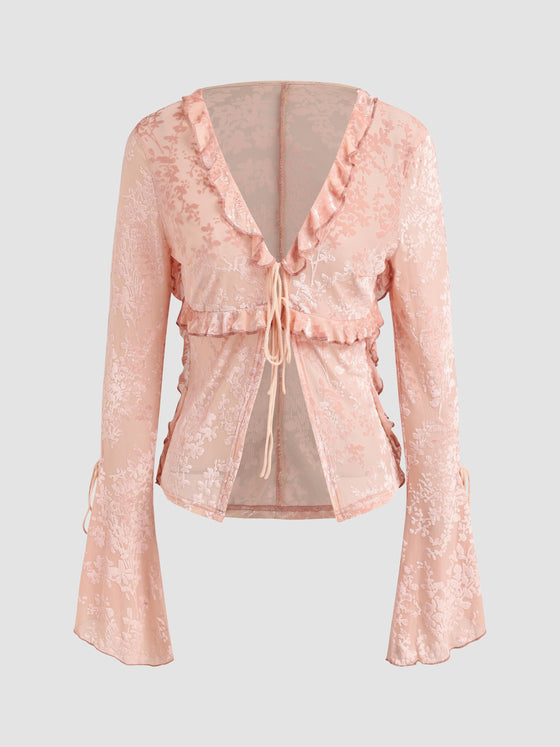 Velvet V-Neck Jacquard Ruffled Bell Sleeve Tie-Up Blouse - Ahaselected