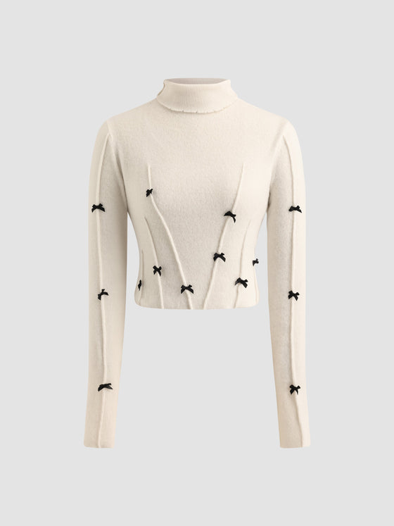 Embellished Bow Turtleneck Sweater - Ahaselected