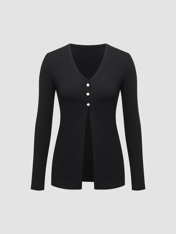 V-Neck Slit Long Sleeve Shirt