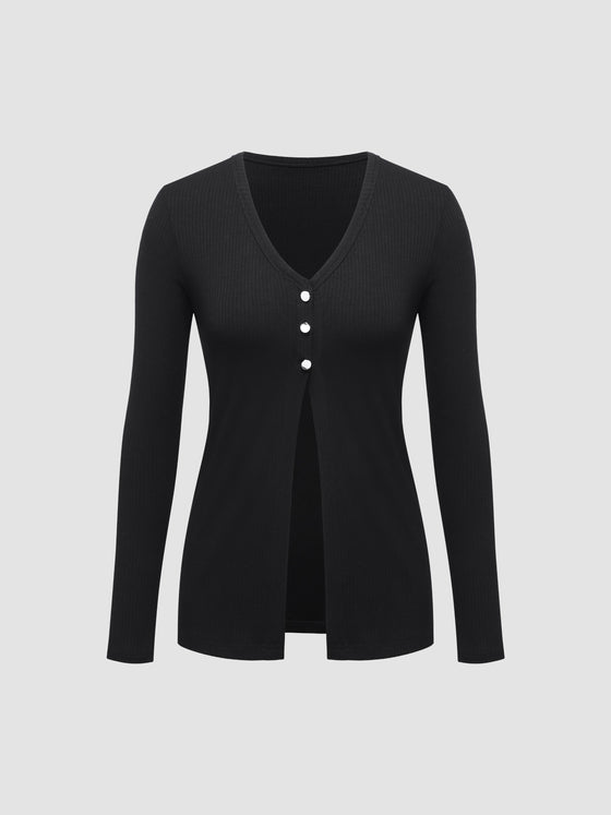 V-Neck Slit Long Sleeve Shirt - Ahaselected