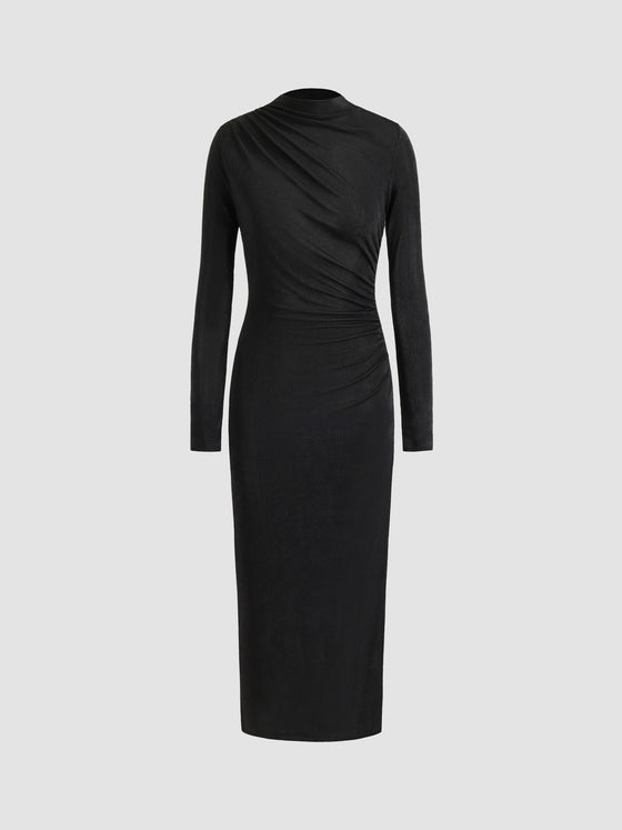 Knitted Turtleneck Pleated Dress - Ahaselected