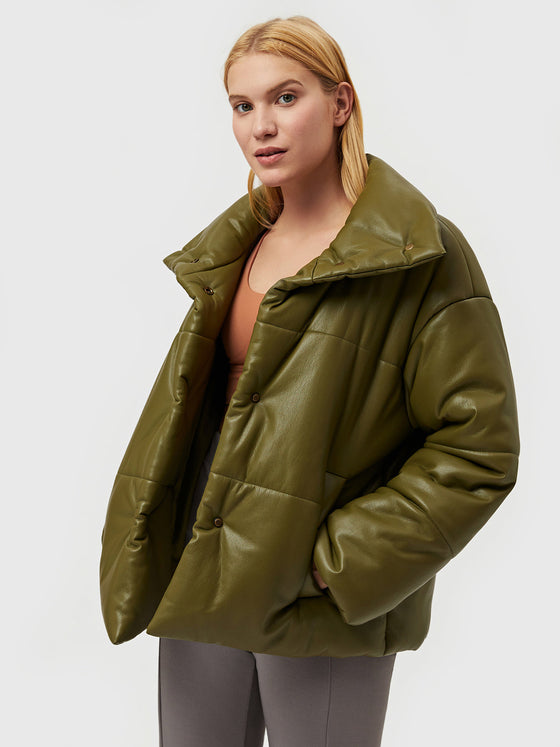 Vegan Leather Down Puffer Jacket - Ahaselected