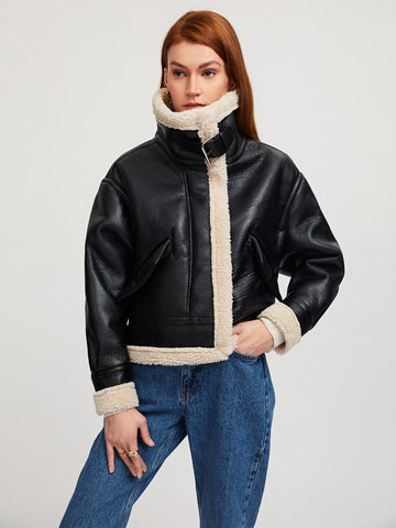 Veste aviateur en cuir shearling doublée en sherpa
