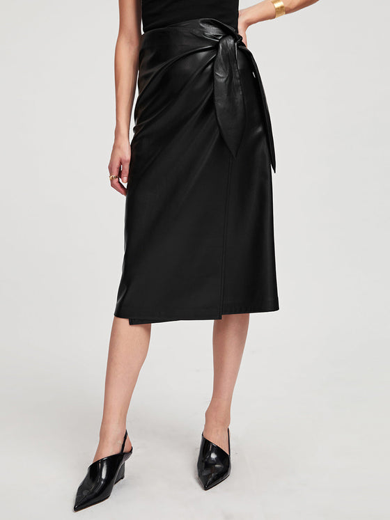 Black Long Wrap Vegan Leather Midi Skirt - Ahaselected