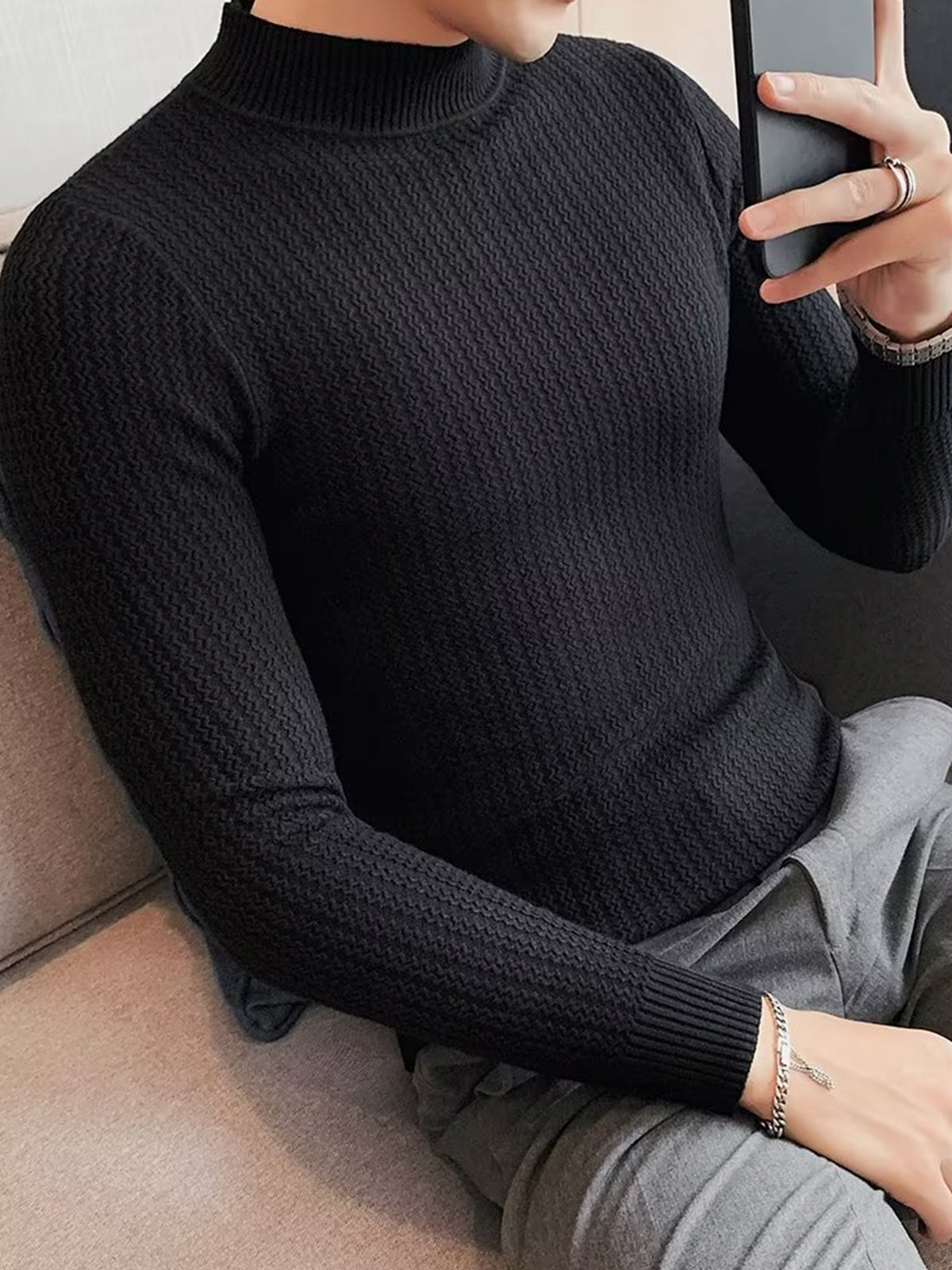 Mock-Neck Texture Baselayer Sweater - Ahaselected