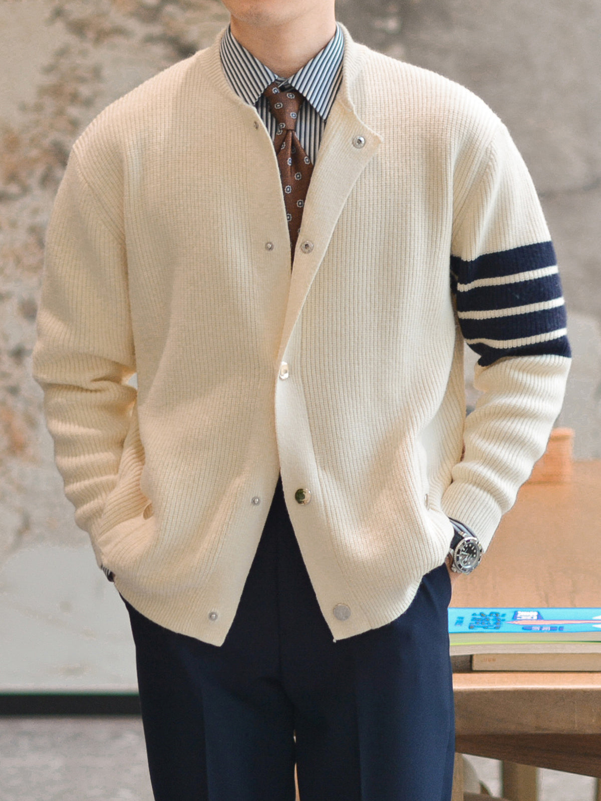 M's Striped Shawl Cardigan - Ahaselected