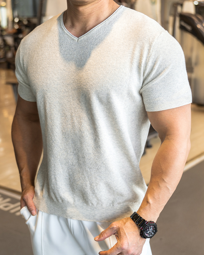 Classic V-Neck Knit Tee Short Sleeves - Ahaselected