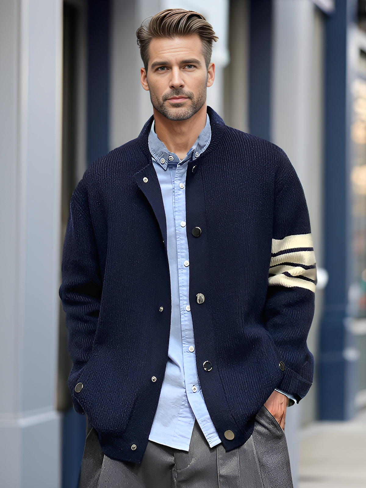 M's Striped Shawl Cardigan - Ahaselected