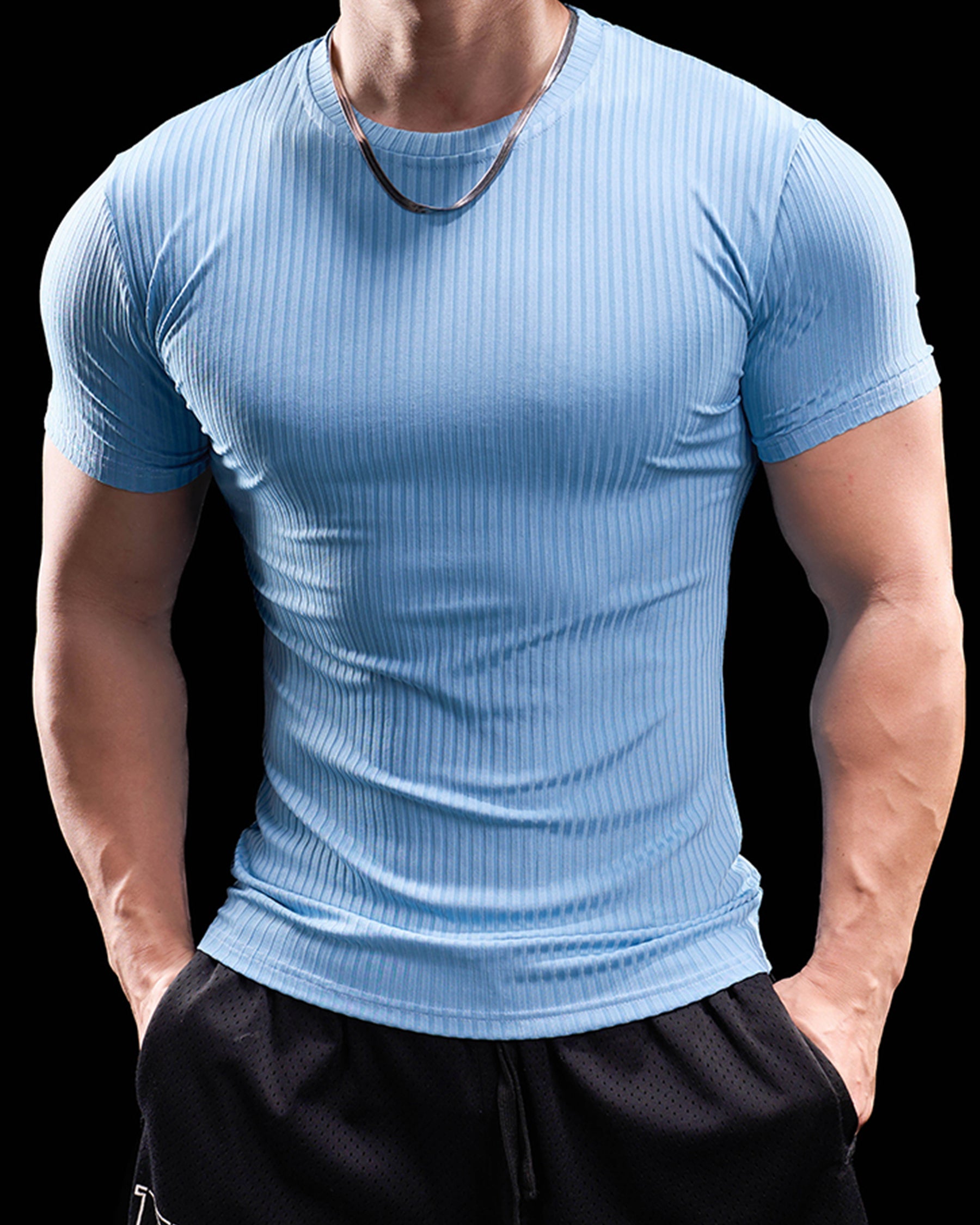 High Stretch Ribbed Stripe Crew Neck Tee New - Ahaselected