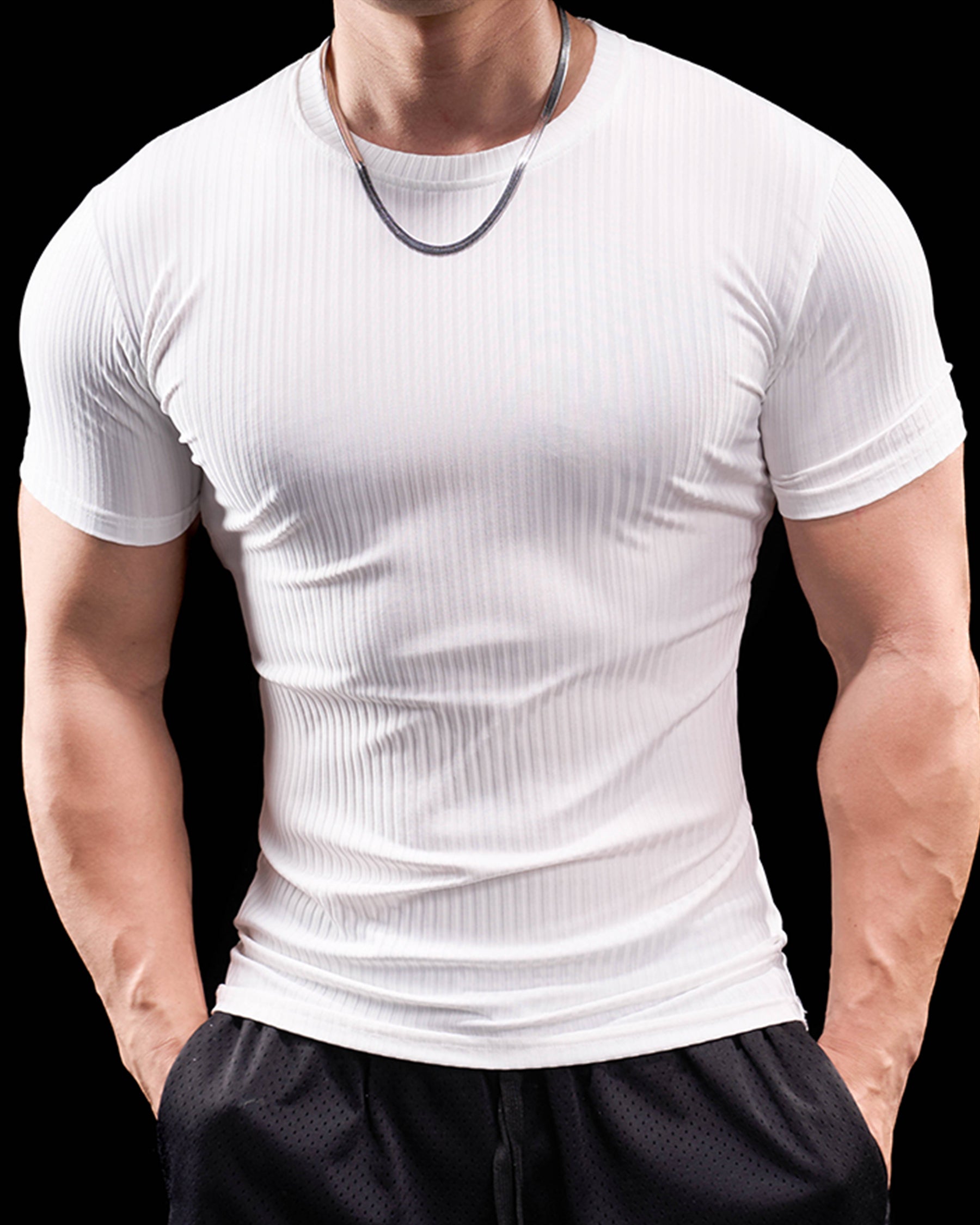 High Stretch Ribbed Stripe Crew Neck Tee New - Ahaselected