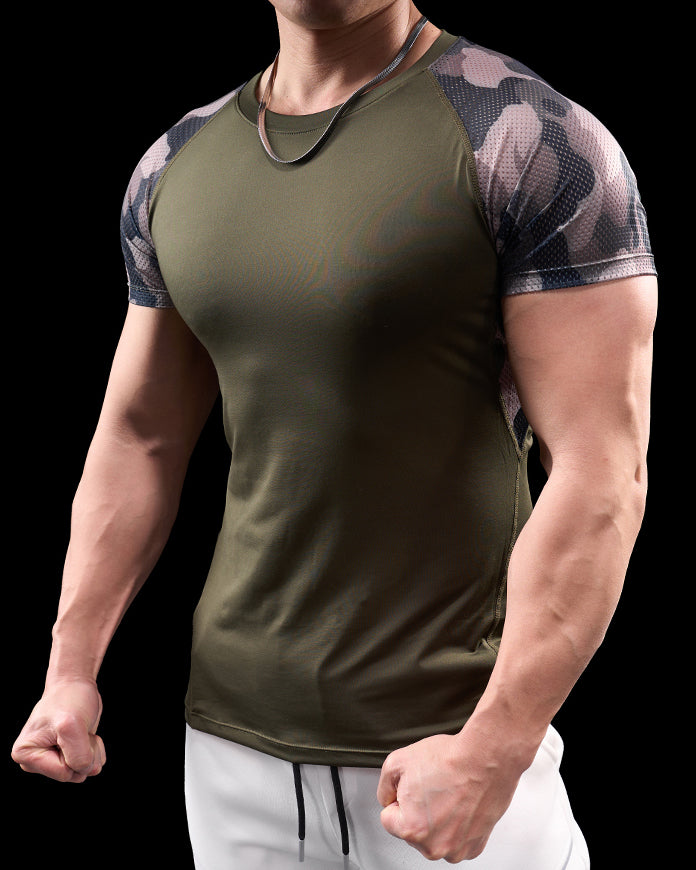 Camo Raglan Mesh Sleeves High Stretch Tee - Ahaselected