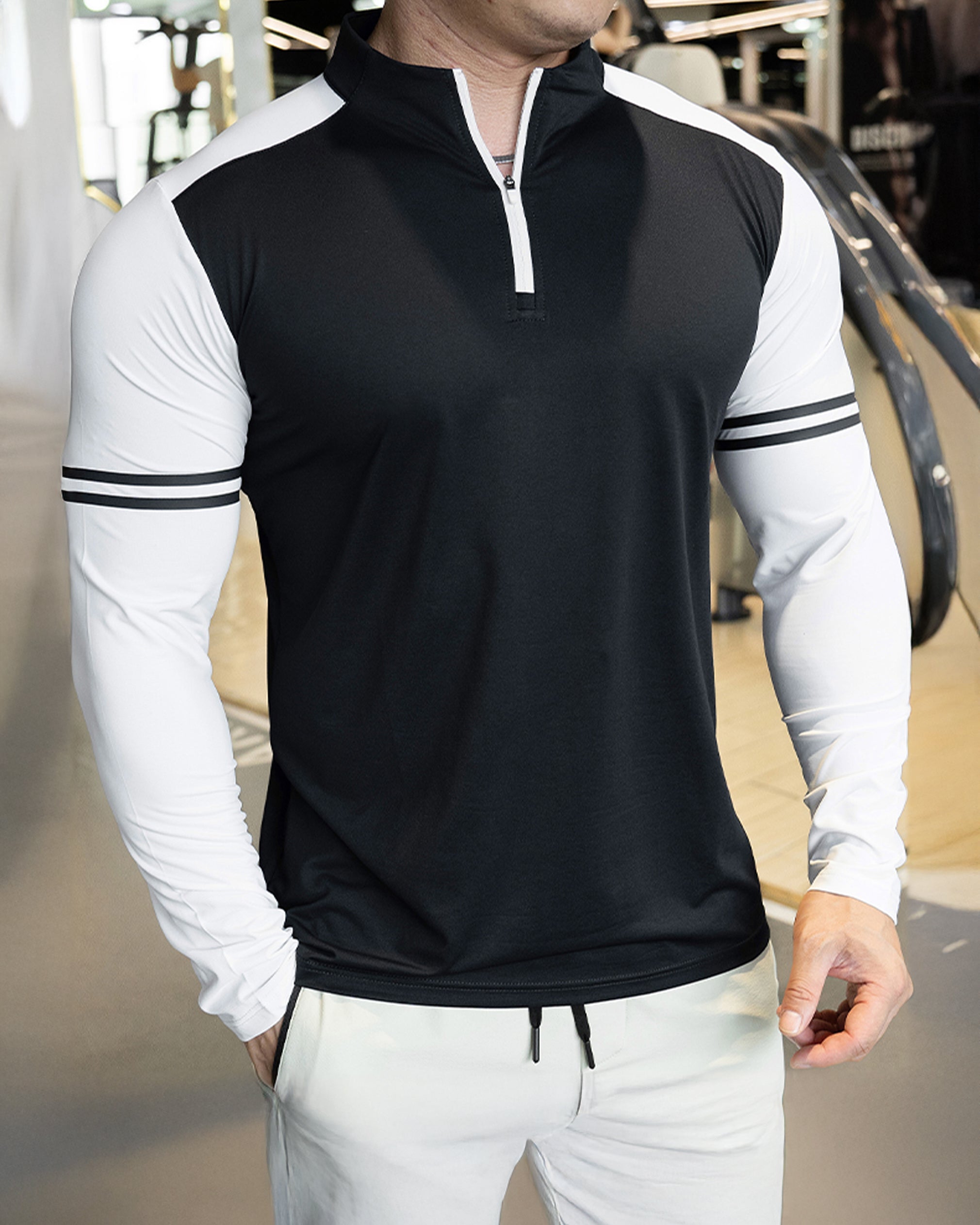 Staycool Two-Tone Stripe Quarter Zip Long Sleeve Shirt - Ahaselected