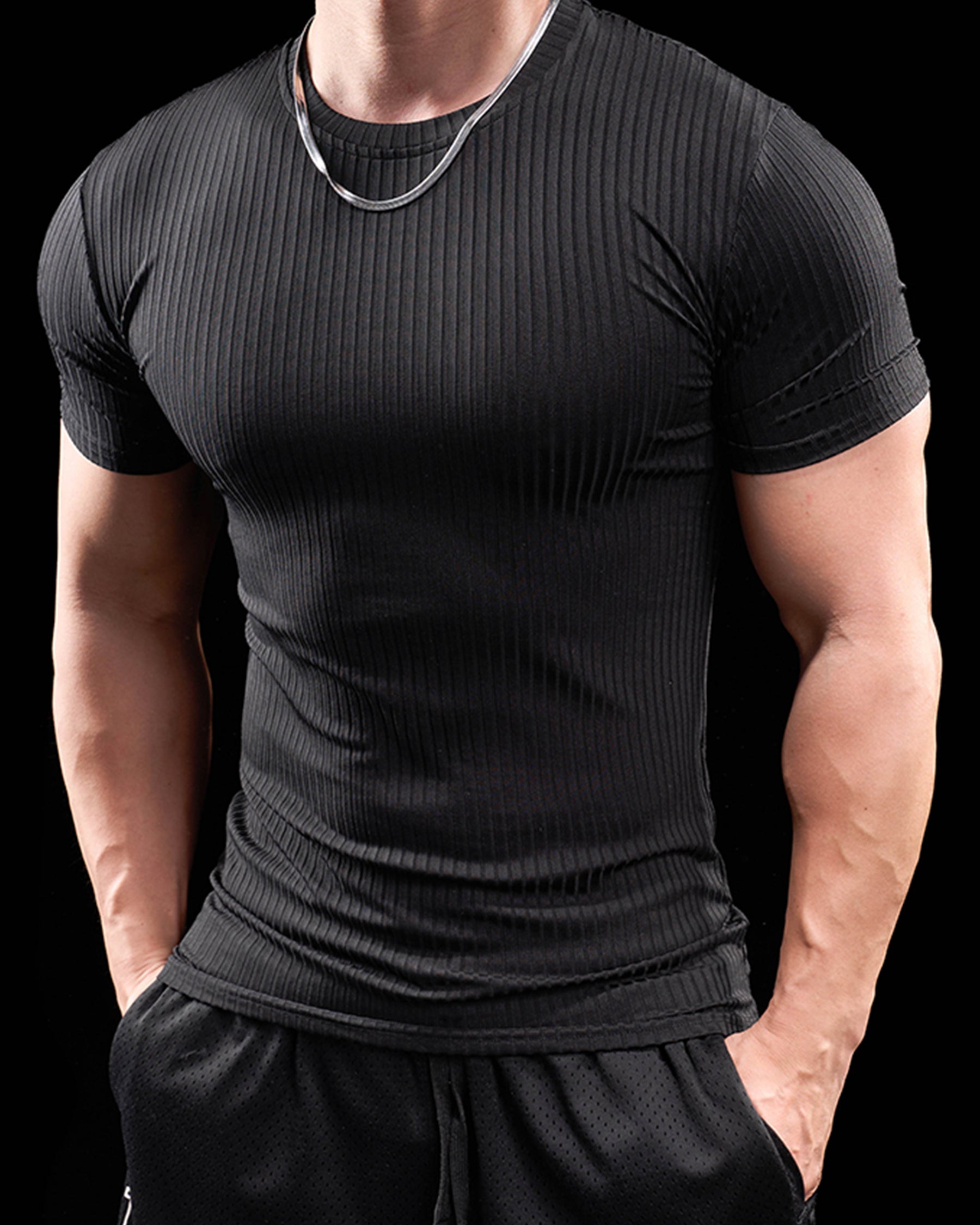 High Stretch Ribbed Stripe Crew Neck Tee New - Ahaselected