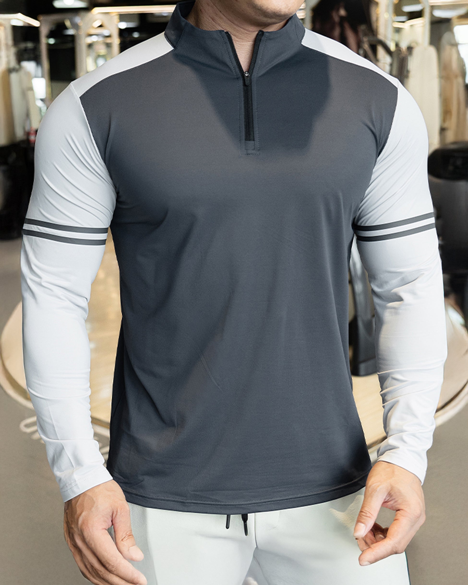 Staycool Two-Tone Stripe Quarter Zip Long Sleeve Shirt - Ahaselected