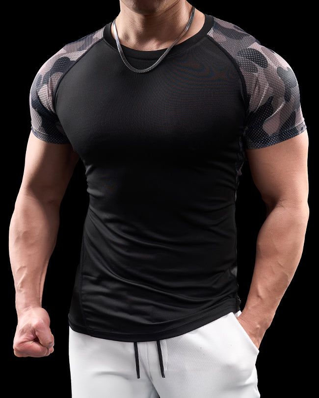 Camo Raglan Mesh Sleeves High Stretch Tee - Ahaselected