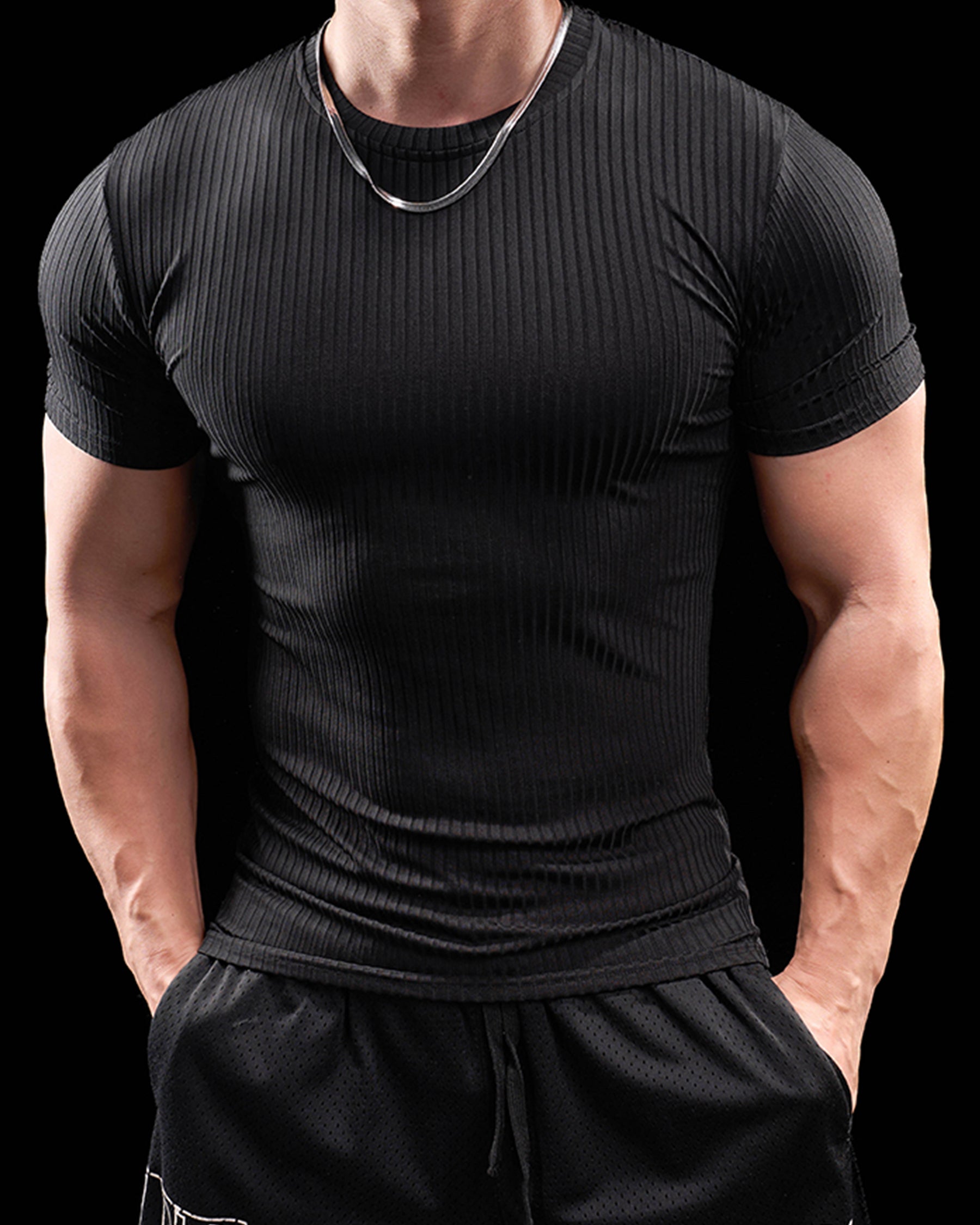 High Stretch Ribbed Stripe Crew Neck Tee New - Ahaselected