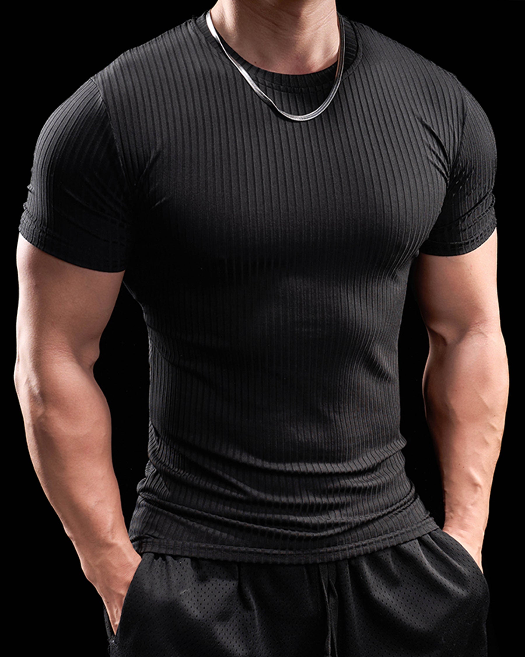 High Stretch Ribbed Stripe Crew Neck Tee New - Ahaselected