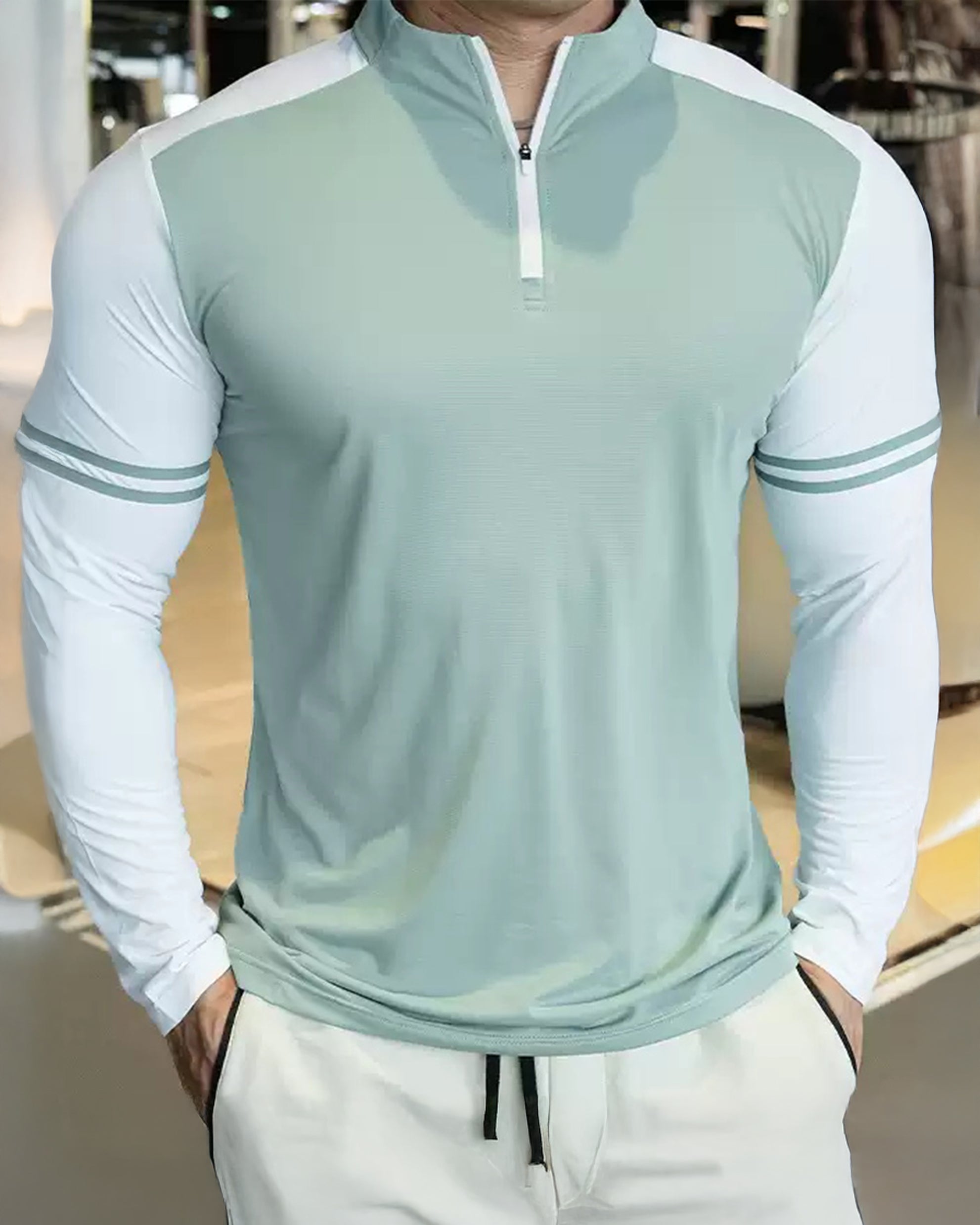 Staycool Two-Tone Stripe Quarter Zip Long Sleeve Shirt - Ahaselected