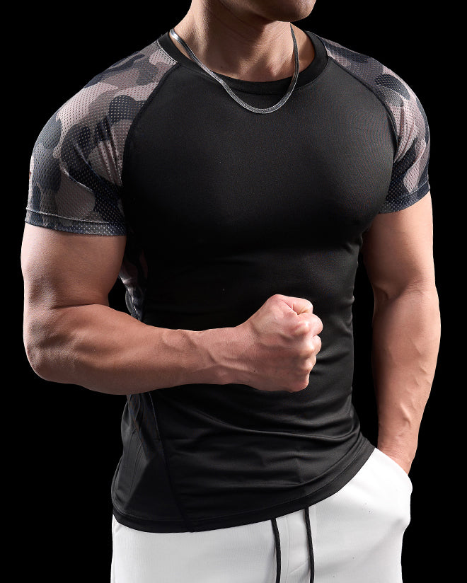 Camo Raglan Mesh Sleeves High Stretch Tee - Ahaselected