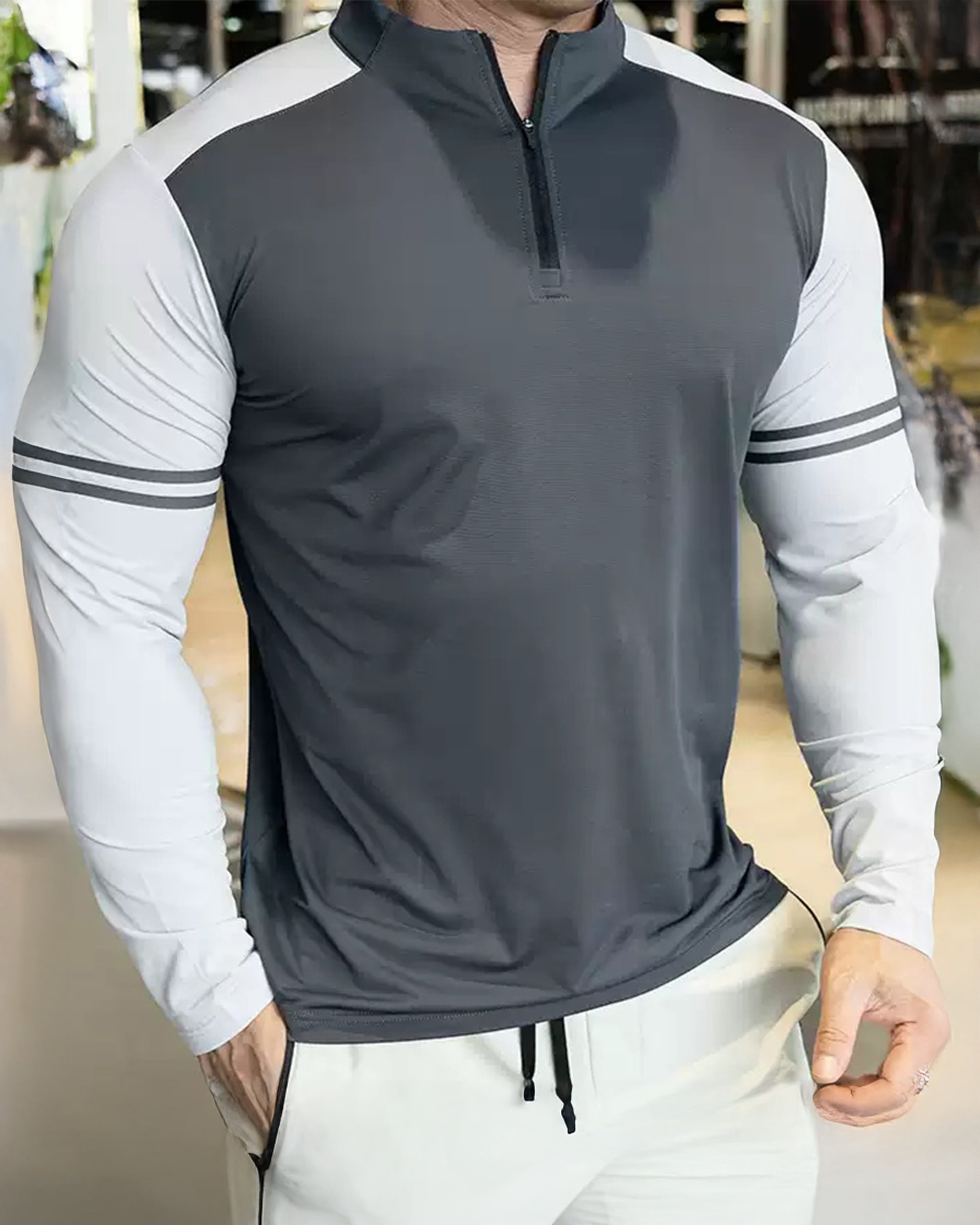 Staycool Two-Tone Stripe Quarter Zip Long Sleeve Shirt - Ahaselected