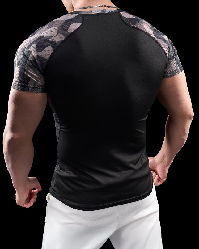 Camo Raglan Mesh Sleeves High Stretch Tee - Ahaselected