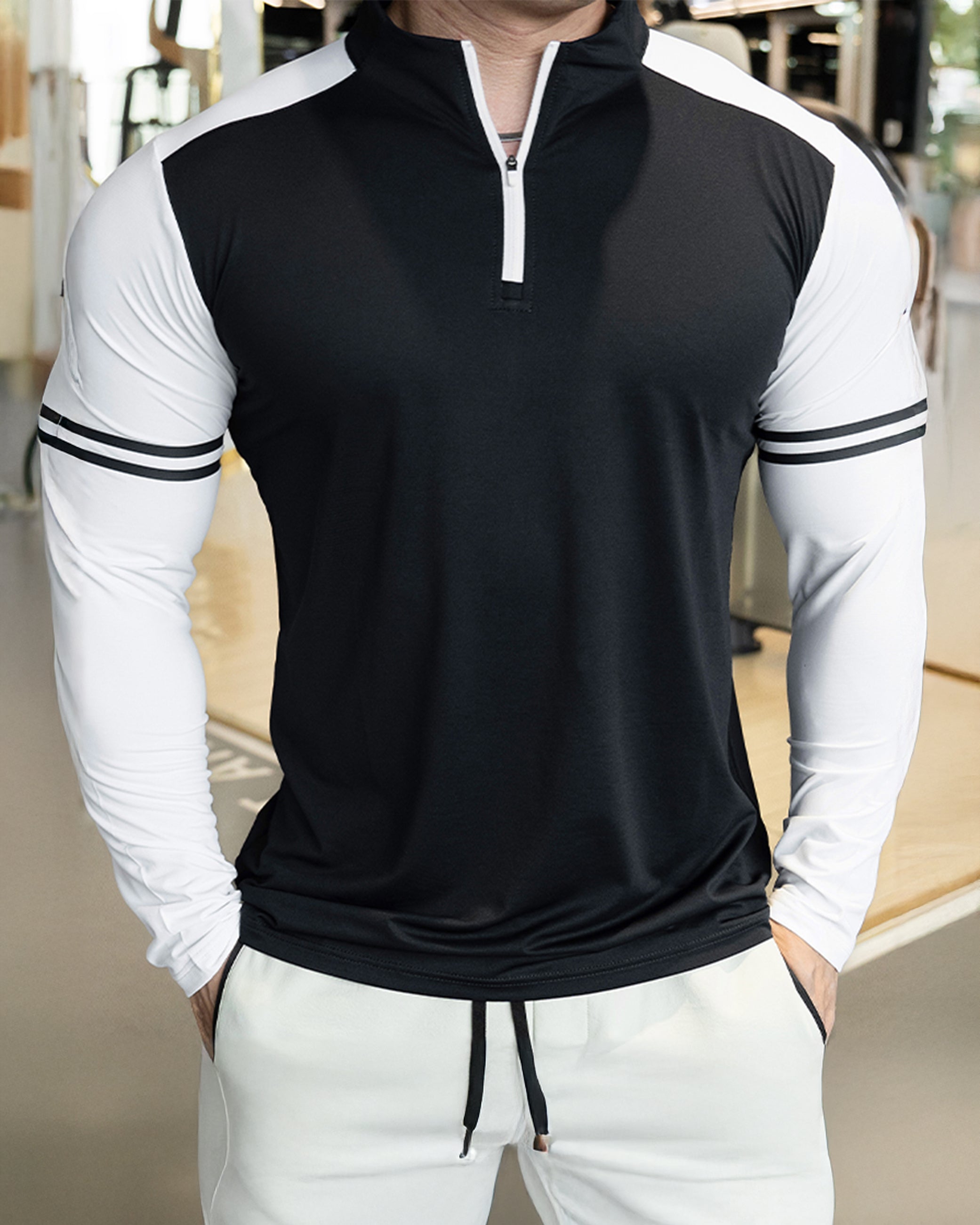 Staycool Two-Tone Stripe Quarter Zip Long Sleeve Shirt - Ahaselected