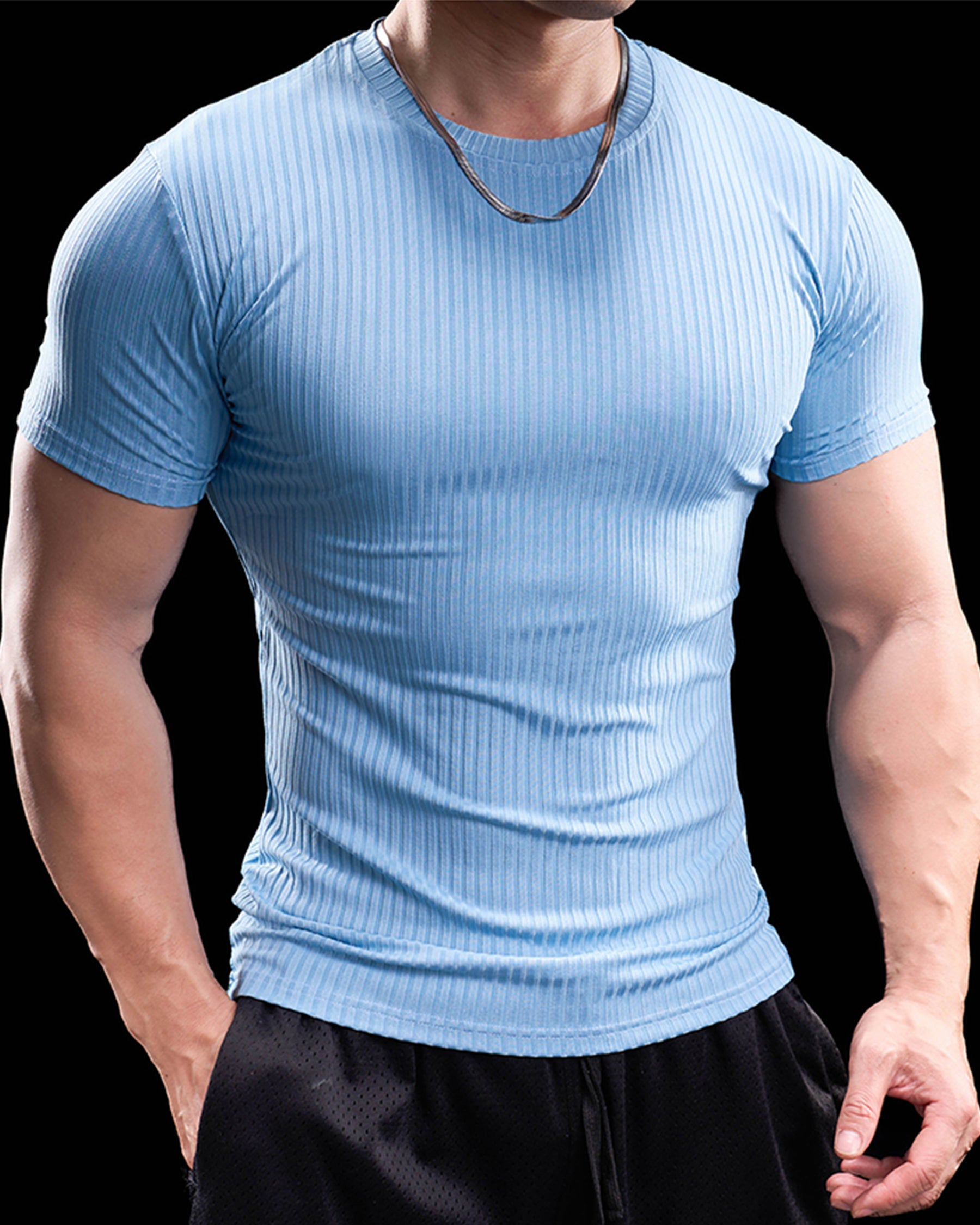 High Stretch Ribbed Stripe Crew Neck Tee New - Ahaselected
