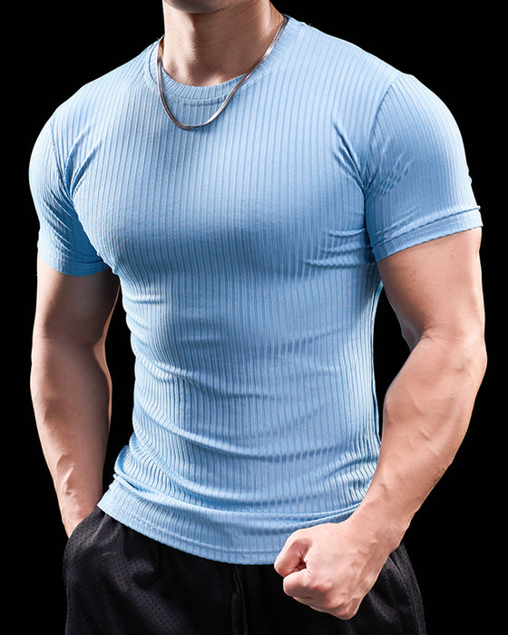 High Stretch Ribbed Stripe Crew Neck Tee New - Ahaselected