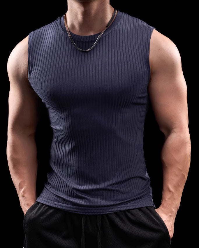 High Stretch Ribbed Stripe Crew Neck Vest - Ahaselected